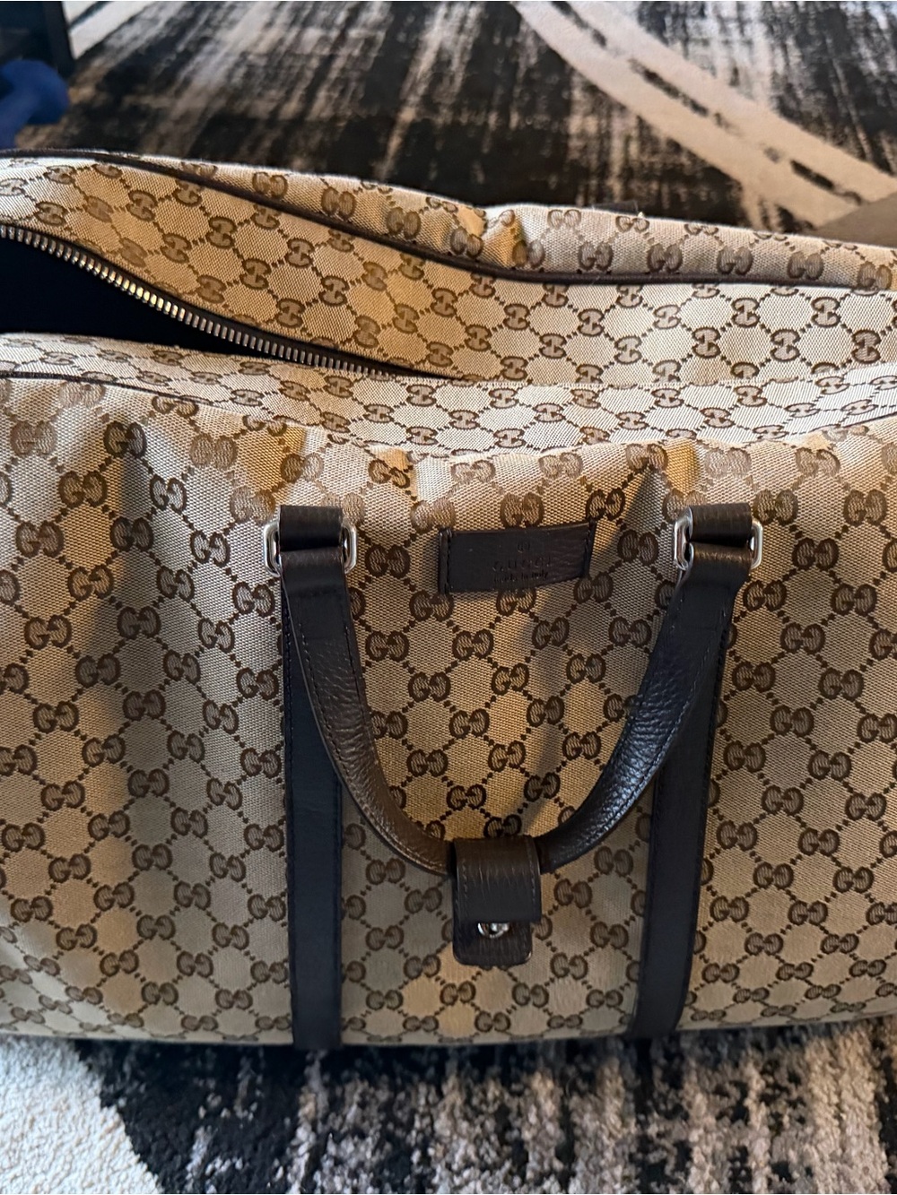 Gucci Beige Monogram Canvas Duffle Bag with Dark Brown Leather Trim